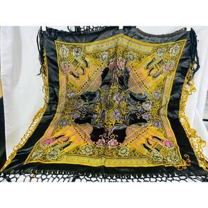Vtg WWII Taj Mahal Piano Shawl Fringed Table Cloth Dual Design Antique Black